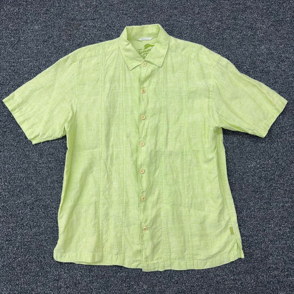 Tommy Bahama‎ Relax Mens L Lime Green 100% Linen Short Sleeve Button Down Shirt
